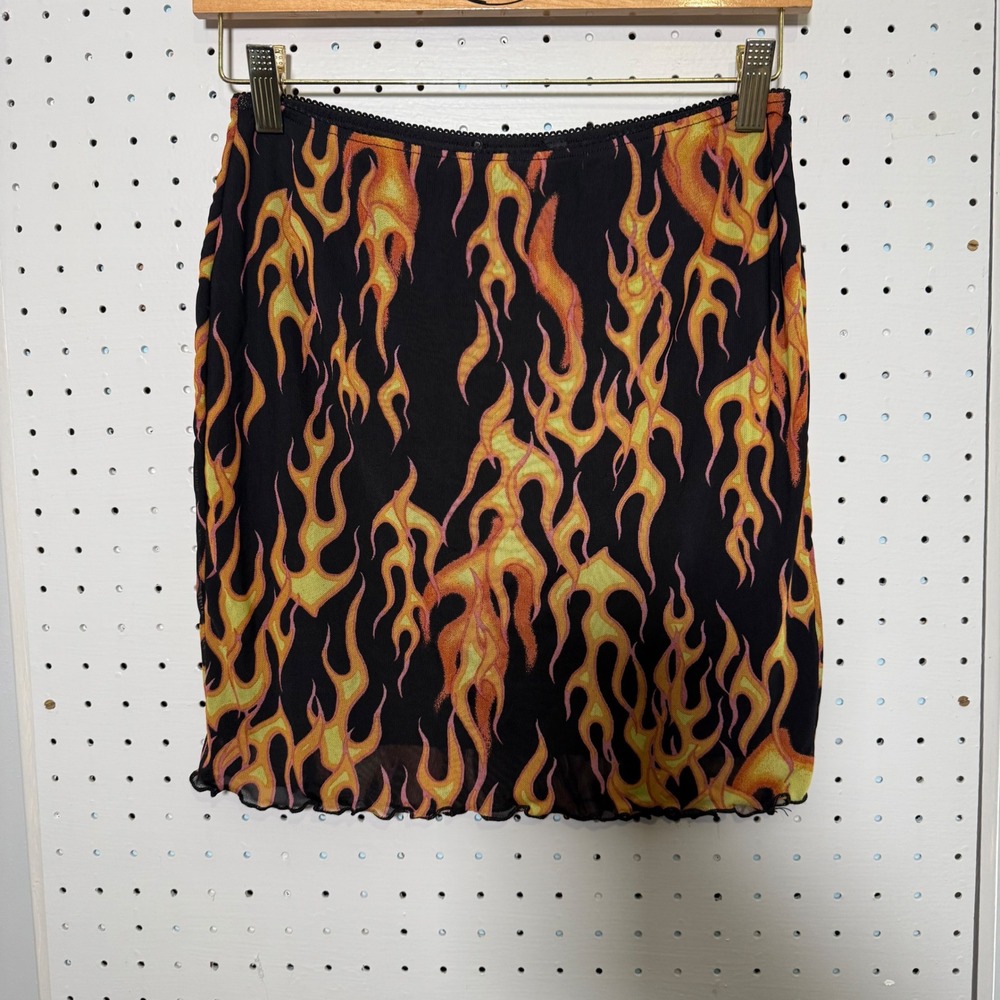 Flame Print Mesh Mini Skirt Black Orange Fire Lettuce Edge Y2K Festival Style